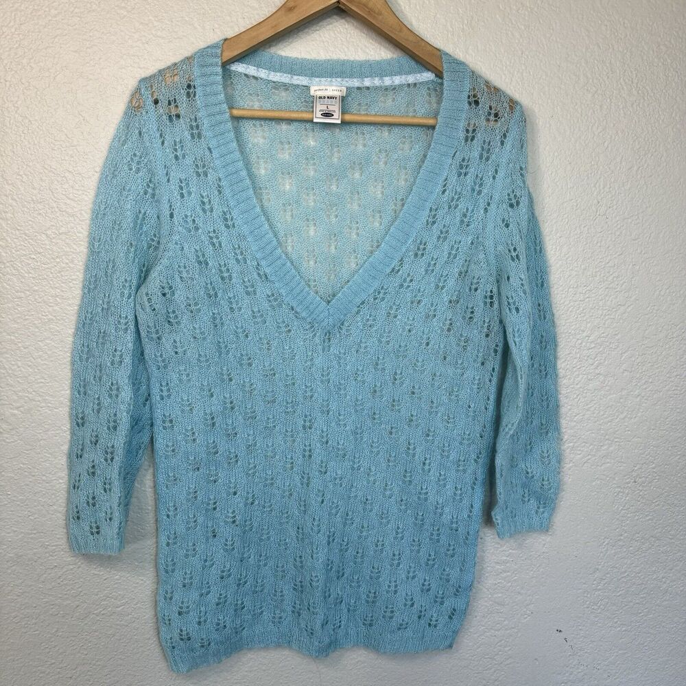 VTG Old Navy Sweater L Blue Fitted Sheer Knit Deep V Neck  3/4 Sleeve Y2K Preppy